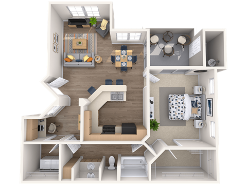 A 3D rendered image of a small apartment layout.